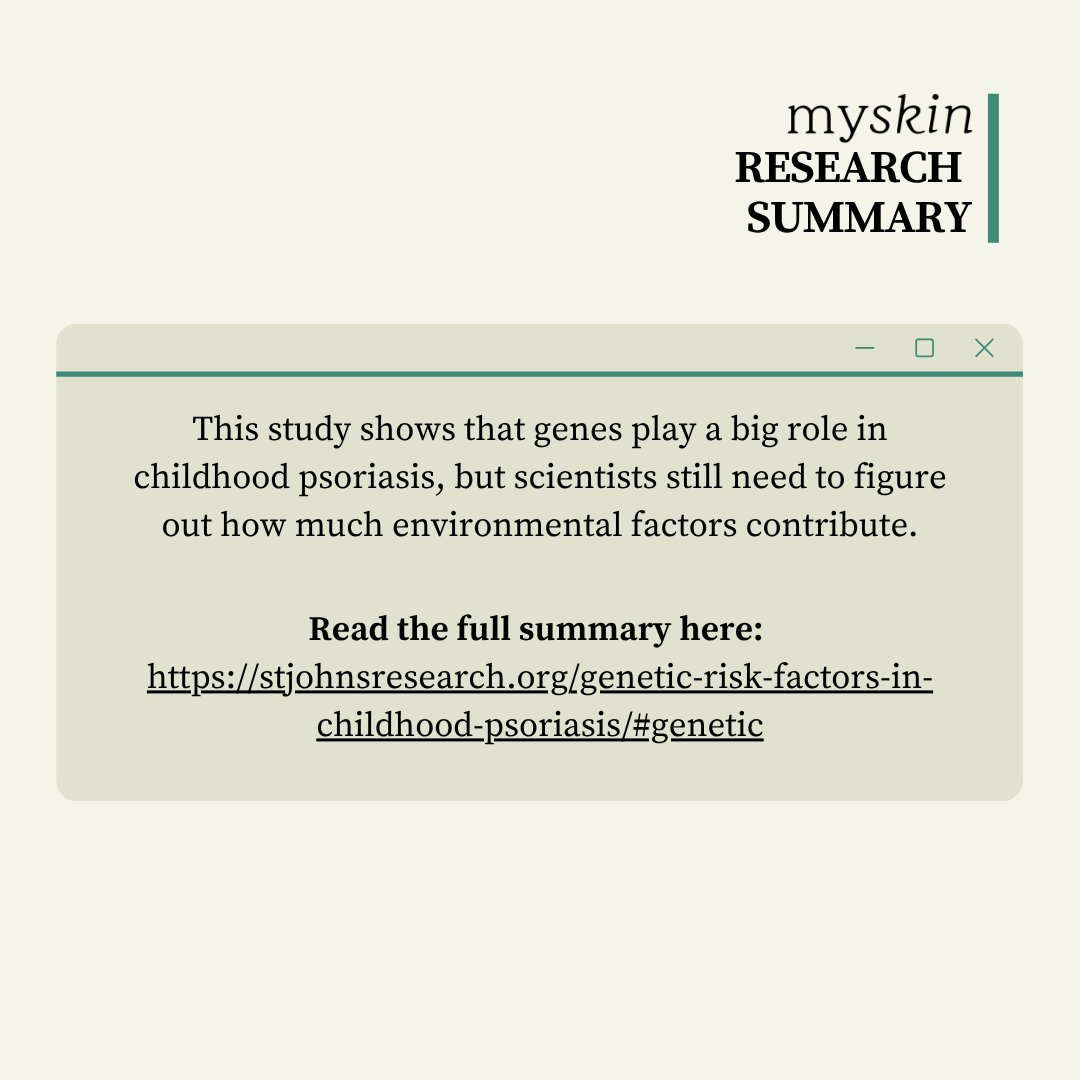myskinstudy's tweet image. How does #psoriasis affect children? 👨‍👩‍👧
Researchers analysed genetic data from hundreds of teens and found that children with a certain genetic variant and high polygenic risk scores were more likely to develop psoriasis.
Check out the full summary here: stjohnsresearch.org/genetic-risk-f…📲