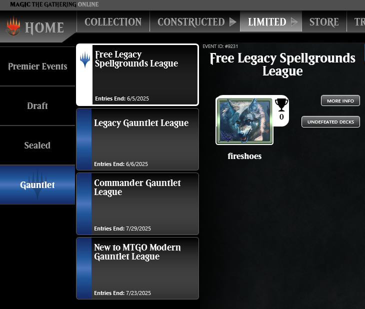fireshoes's tweet photo. Try Legacy for free on MTGO this week! It's under the Limited tab, then Gauntlet. Join the queue and pick one of the precon deck options, and you're ready to play! #mtg #MTGOCreator https://t.co/Nn683BByqA