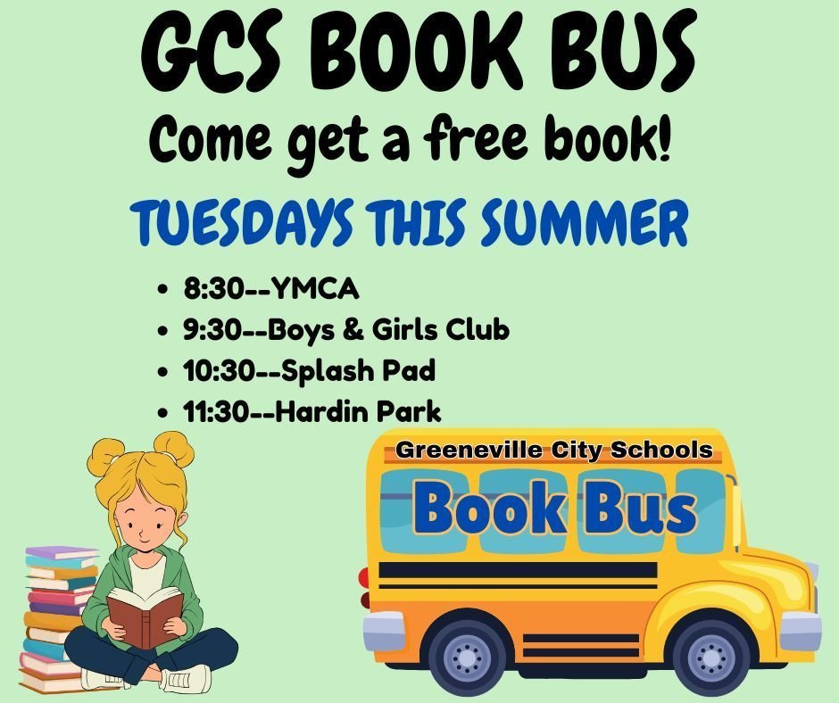 GCS is bringing the joy of reading to you every week this summer! The Book Bus route begins tomorrow, and will run every Tuesday through July 22.
Come grab a free book and keep those minds growing all summer long!
#GCSBookBus #SummerReading #GreenevilleTN #GreenevilleCitySchools