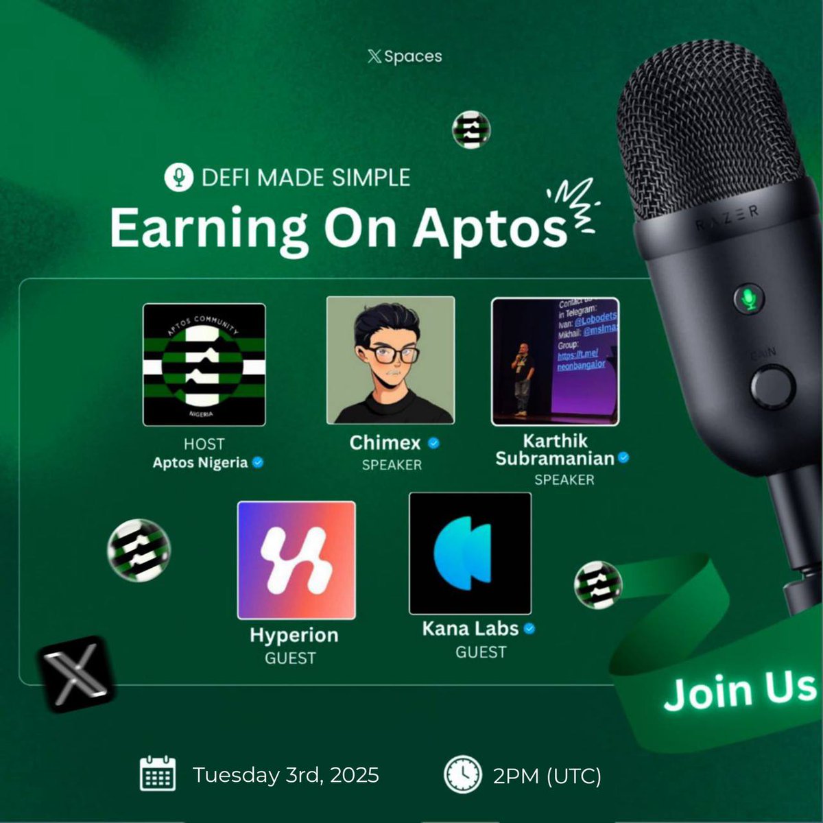 Curious how people are making real gains in Aptos DeFi?

 We’re breaking it all down  strategies, tools, and the projects driving adoption.

🎙️ Speakers: @Chimex, <a href="/Karthik/">@Karthik</a> Subramanian: <a href="/hyperion_xyz/">Hyperion</a>, <a href="/kanalabs/">Kana Labs</a> 
📅 Tuesday, June 3rd 
🕑 2PM UTC
📍 Hosted by <a href="/AptosNigeria/">Aptos Nigeria</a>

Whether