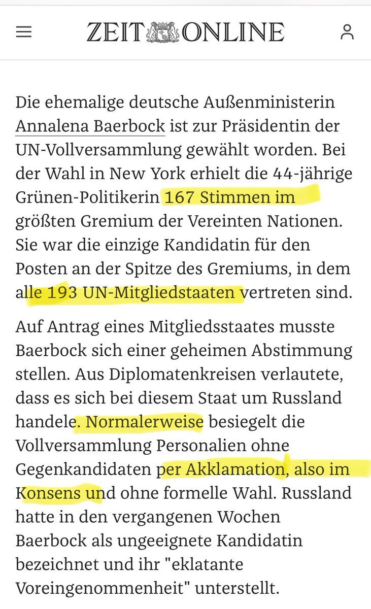 Florian Warweg (@fwarweg) on Twitter photo Wie man eine diplomatische Klatsche vor den VN als Erfolg verkauft: Die Kollegen von <a href="/zeitonline/">ZEIT ONLINE</a> verkünden, dass Baerbock (<a href="/al_baerbock/">Annalena Baerbock</a>) mit „großer Mehrheit“ zur Präsidentin der 🇺🇳- Generalversammlung gewählt worden sei. 167 Staaten von 193 hätten für sie gestimmt.
Doch erst Wie man eine diplomatische Klatsche vor den VN als Erfolg verkauft: Die Kollegen von <a href="/zeitonline/">ZEIT ONLINE</a> verkünden, dass Baerbock (<a href="/al_baerbock/">Annalena Baerbock</a>) mit „großer Mehrheit“ zur Präsidentin der 🇺🇳- Generalversammlung gewählt worden sei. 167 Staaten von 193 hätten für sie gestimmt.
Doch erst