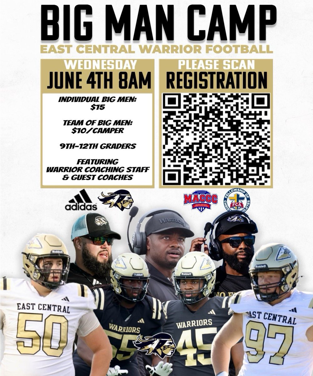 🚨OL &amp; DL 1️⃣More Chance!
➡️East Central Big Man Camp

Camp is MADE to ENHANCE your GAME. 
NO Combine testing.
NO Fluff. 
ALL DRILLS and 1 On 1’s

🗓️June 4th, 
⏰830Am check in Single campers -1Pm
💰$15

‼️Registration Link ⏬

forms.gle/2cZX71rLpvRSME…