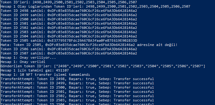 Ape ağı üzerinde NFT trade edenler, 15-20 multi hesapla NFT mintleyebiliyor. Bunları tek tek 1 cüzdana toplamak uzun iş sürdüğünden iki tane script yazdım. Biri blok aralıklı diğeri doğrudan NFT kontrat adresi üzerinden sahiplik doğrulayarak gönderim yapabiliyor. Yalnız bu