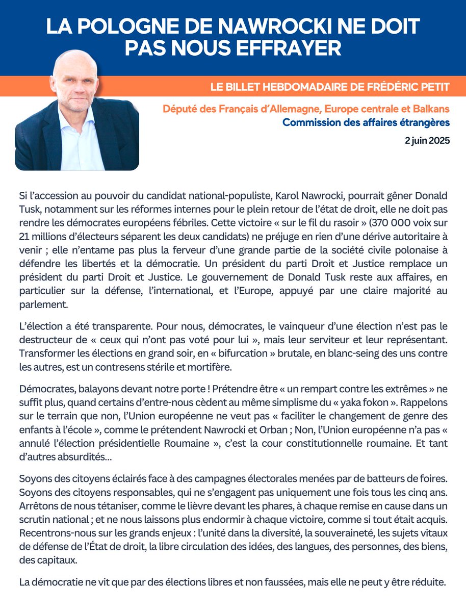 #Pologne 🇵🇱 Si l’accession au pouvoir du candidat national-populiste, Karol Nawrocki, pourrait gêner Donald Tusk, notamment sur les réformes internes pour le plein retour de l’état de droit, elle ne doit pas rendre les démocrates européens fébriles ! Mon billet ⤵️