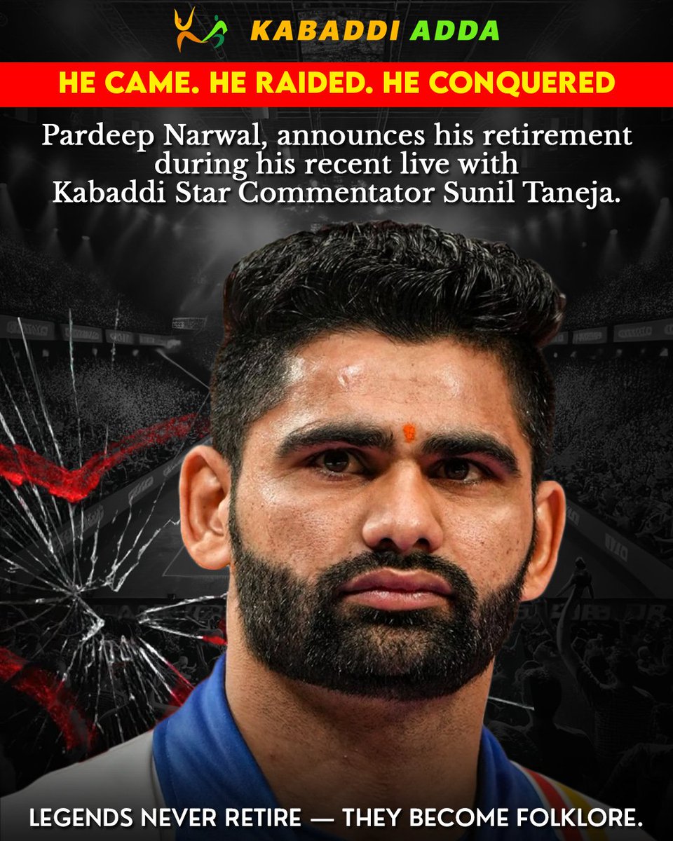 A legendary chapter comes to an end — Pro Kabaddi icon Pardeep Narwal announces his retirement from the sport after going unsold in the PKL 12 Auction on May 31.

#PardeepNarwal #DubkiKing #KabaddiLegend #PKL12 #ProKabaddi #ThankYouPardeep #KabaddiRetirement #KabaddiAdda