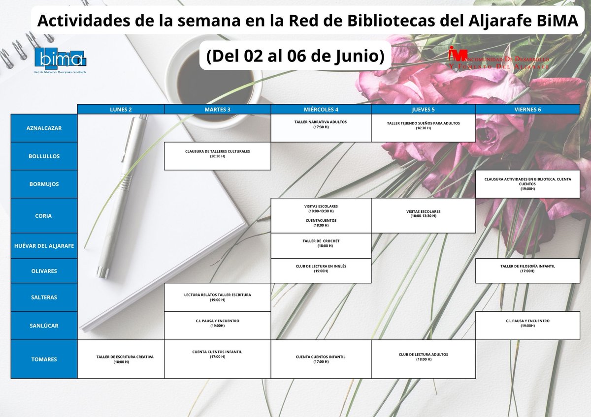 Agenda de actividades 📚✍️💡 de esta semana en la Red de Bibliotecas Municipales del Aljarafe (BiMA 💙): del 2 al 6 de junio 
¡Os esperamos en vuestra Biblioteca más cercana! 
#BibliotecasBiMA #Aljarafe #Sevilla #Biblioteca #Lectura #Escritura #ClubesDeLectura #CuentaCuentos