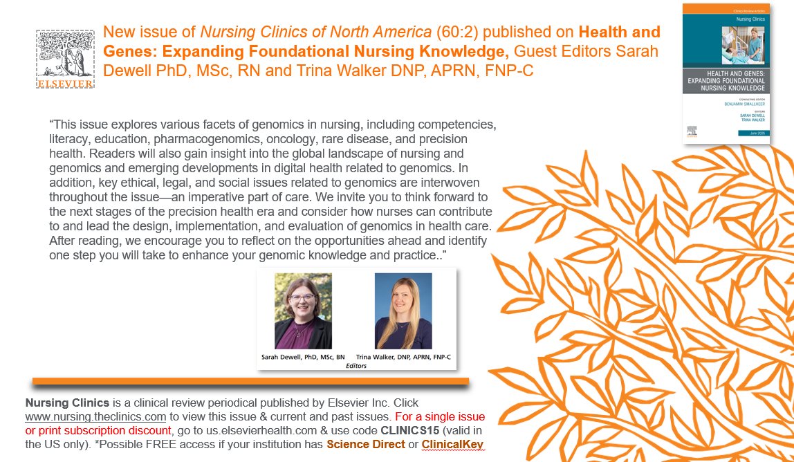 Out now: #Nursing Clinics issue on #Health &amp; #Genes: Expanding Foundational Nursing Knowledge, edited by <a href="/drsarahdewell/">Sarah Dewell</a> &amp; Dr. Trina Walker. You'll find insights &amp; guidance on navigating the genomic era. <a href="/KCalzone/">Kathleen Calzone</a> <a href="/emmattonkin/">Emma Tonkin</a> <a href="/Andrew_A_Dwyer/">AndrewDwyer</a> <a href="/KCalzone/">Kathleen Calzone</a> <a href="/PotisDR/">Celia Díez De los Ríos</a> <a href="/Andrew_A_Dwyer/">AndrewDwyer</a>