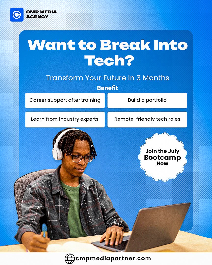 cmpmediapartner's tweet photo. 🎯 No tech background? No problem.

In just 3 months, learn in-demand digital skills and kickstart your tech career with the CMP June Bootcamp.

🌍 The world is hiring — make sure they’re hiring you.
🔗 Enroll now: https://t.co/Z8ay4J6PaY
#cmpbootcamp #breakintotech #digitalskill https://t.co/R2HYuwir66