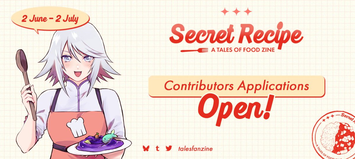 🏕️ APPLICATIONS OPEN 🍳
🗓️ June 2 to July 2

Open call to all Tales creators! Are you interested in whipping up something special for Secret Recipe? Do you wish to be the first to savour Raine's impressionable cooking?

If so, join us and apply in the categories down below 😋