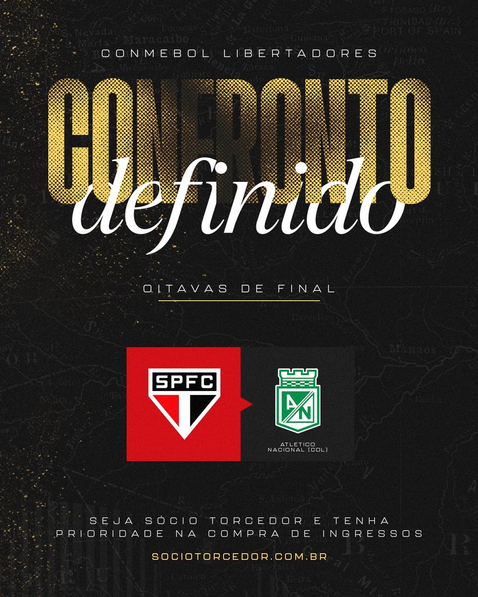 São Paulo FC (@saopaulofc) on Twitter photo ⚔️ Confronto definido na <a href="/LibertadoresBR/">CONMEBOL Libertadores</a>!
O Tricolor enfrentará o Atlético Nacional, da Colômbia, nas oitavas de final.
Líder do Grupo D na fase anterior, o São Paulo terá o direito de decidir a classificação no #MorumBIS, com a #TorcidaQueConduz.
✈️ IDA
Atlético Nacional ⚔️ Confronto definido na <a href="/LibertadoresBR/">CONMEBOL Libertadores</a>!
O Tricolor enfrentará o Atlético Nacional, da Colômbia, nas oitavas de final.
Líder do Grupo D na fase anterior, o São Paulo terá o direito de decidir a classificação no #MorumBIS, com a #TorcidaQueConduz.
✈️ IDA
Atlético Nacional