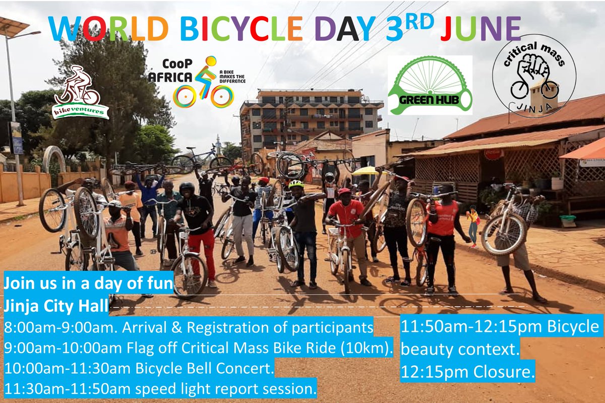 Jinja City Joins the rest of the world to celebrate #WorldBicycleDay. Program starts at 8am till Noon @ Jinja city hall.
Our program lineup fully packed, critical mass, bell concert, bicycle beauty contest, speed light report, Photo moments,
#WorldBicycleDay  <a href="/jinjacity/">Jinja City Uganda</a> <a href="/UNRA_UG/">UNRA_UGANDA</a>