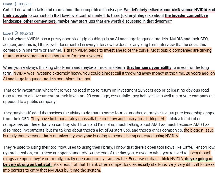 AlphaSenseInc's tweet photo. Former $AMD employee shares his view on the positioning of $AMD and $NVDA in the robotics industry:

- According to the expert, AMD is heavily involved in many subsystems that make up robotics systems. $AMD grew from the bottom up, in contrast to $NVDA, which, according to the expert, has never been utilized in many of those subsystems. $NVDA has approached it from the other way, from the top down.

- In his view, one of the things that $NVDA lacks is low-level control. They are trying to solve problems in a homogeneous and less low-level manner. He doesn't know how $NVDA will solve that gap in their portfolio, but hints at a possible acquisition in that space for $NVDA to fill the gap.

- The strength of $AMD is that it can do the whole chain. Because of this, their response time is faster and less costly in terms of power.

- Almost everyone working in the LLM and vision processing space uses $NVDA GPUs, as vision processing and vision AI-type solutions are where $NVDA shines.

- The interest in humanoid robots also suits $NVDA because it is a top-down methodology and not a bottom-up approach, starting from a robot arm, for example. Humanoids are the ultimate endgame.

- He mentions that $NVDA invested aggressively in AI and LLMs 20 years ago, when many thought they were throwing away money, but they can do that because they are investing ahead of the curve. Because of these investments, they build up their unique AI tool flow and libraries. For competitors, the biggest problem is that $NVDA's software is now being taught in universities, and $NVDA has firm control over it.