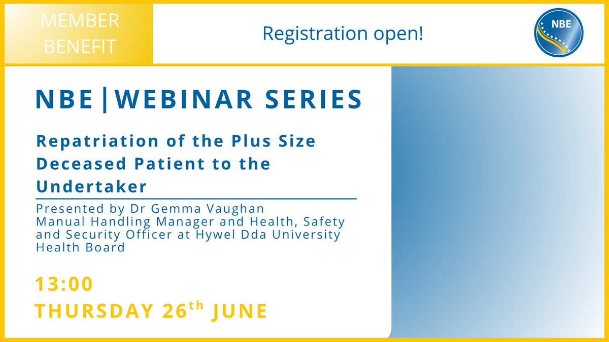 Registration for the latest in the NBE webinar series is now open to members via their inbox!

Join us as Dr Gemma Vaughan discusses:
#Repatriation of the #PlusSize #Deceased Patient to the Undertaker

Become a member:
lnkd.in/emHUSpnP

#NBEInformed #MovingAndHandling