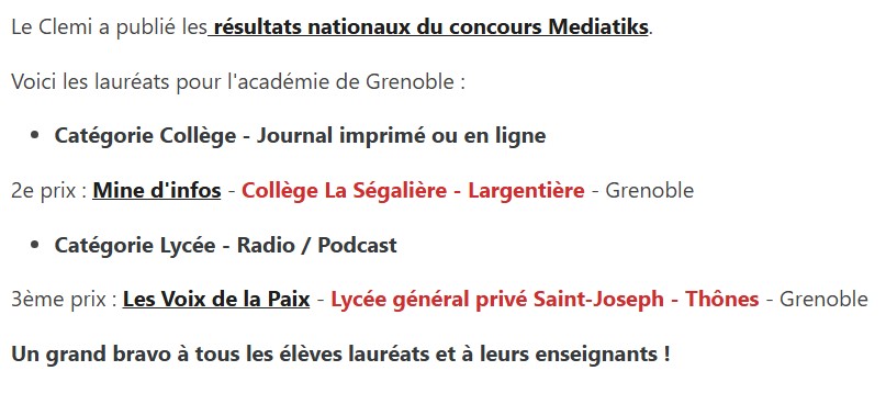 EMI_CLEMI Grenoble (@emi_grenoble) on Twitter photo Voici les résultats du concours #Mediatiks <a href="/LeCLEMI/">CLEMI</a> pour <a href="/acgrenoble/">Académie de Grenoble</a> :
👉emi.web.ac-grenoble.fr/palmares-acade…
👏👏👏aux élèves et aux enseignants du collège de Largentière (07) <a href="/CSegaliere/">Cité Scolaire La Ségalière</a> et du lycée privé Saint-Joseph de Thônes (74) ! Voici les résultats du concours #Mediatiks <a href="/LeCLEMI/">CLEMI</a> pour <a href="/acgrenoble/">Académie de Grenoble</a> :
👉emi.web.ac-grenoble.fr/palmares-acade…
👏👏👏aux élèves et aux enseignants du collège de Largentière (07) <a href="/CSegaliere/">Cité Scolaire La Ségalière</a> et du lycée privé Saint-Joseph de Thônes (74) !