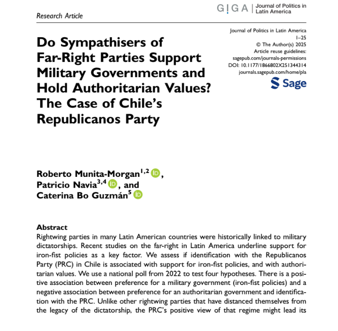 Núcleo Milenio MEPOP (@nucleomepop) on Twitter photo Nuevo artículo publicado en Journal of Politics in Latin America. Nuestro director <a href="/patricionavia/">Patricio Navia</a>, junto a <a href="/rmunita/">Roberto Munita M.</a> y Caterina Bo analizan si los simpatizantes con la derecha radical apoyan gobiernos militares y valores autoritarios.
doi.org/10.1177/186680… Nuevo artículo publicado en Journal of Politics in Latin America. Nuestro director <a href="/patricionavia/">Patricio Navia</a>, junto a <a href="/rmunita/">Roberto Munita M.</a> y Caterina Bo analizan si los simpatizantes con la derecha radical apoyan gobiernos militares y valores autoritarios.
doi.org/10.1177/186680…