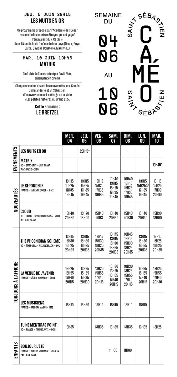 Horaires des séances pour la semaine du 4 au 10 juin 💥

- CONCRETE UTOPIA présenté par K-54

- LES NUITS EN OR 2025

- Ciné-club MATRIX

- ❤

#nancy