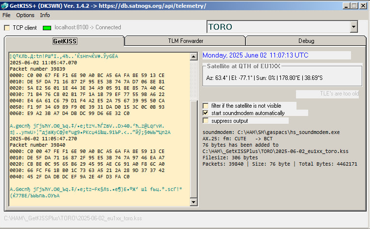 TORO RAW Telemetry 4k8

3 Frames uploaded to <a href="/SatNOGS/">SatNOGS</a> DB
db.satnogs.org/satellite/BRVJ…

Huge thanks to Andy UZ7HO for the updated SoundModem!!!
uz7.ho.ua/gaspacs.zip

This modem is also suitable for NIGHTJAR and OTP-2
#CubeSat