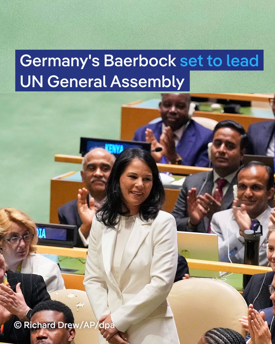JUST IN: Former German Foreign Minister Annalena Baerbock has been elected president of the UN General Assembly.

Baerbock was the only candidate to run, receiving 167 votes in a secret ballot.

👉 p.dw.com/p/4vGjV