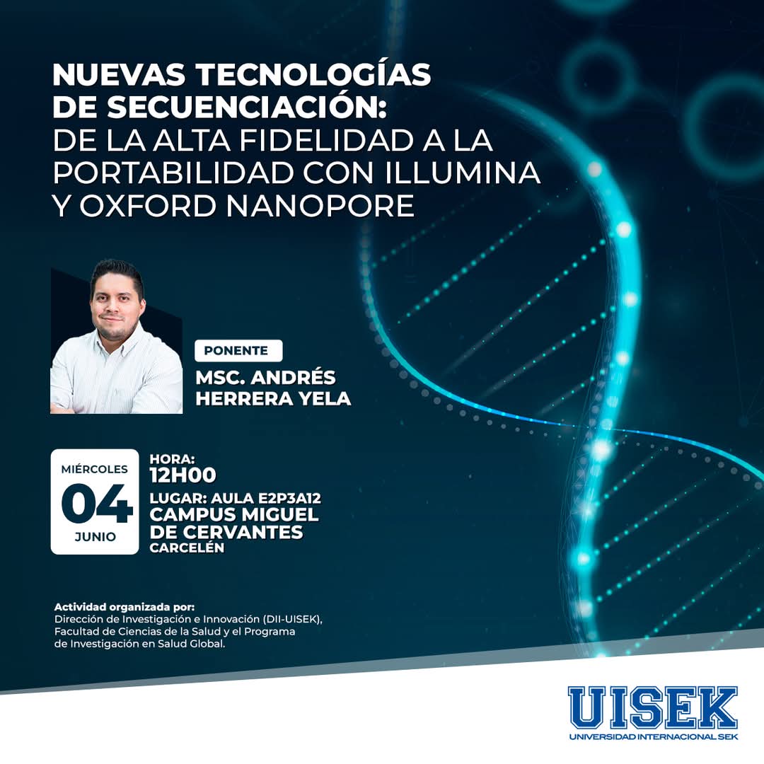 UISEK | Universidad Internacional SEK (@uisek) on Twitter photo #InvestigaciónUISEK | <a href="/DiiUisek/">Investigación SEK</a> y la Facultad de Ciencias de la Salud te invitan a descubrir cómo las nuevas tecnologías de secuenciación están revolucionando la investigación en salud, genética y más. 🧬🔬
📆 Miércoles, 04 de junio
📍 Campus Carcelén #InvestigaciónUISEK | <a href="/DiiUisek/">Investigación SEK</a> y la Facultad de Ciencias de la Salud te invitan a descubrir cómo las nuevas tecnologías de secuenciación están revolucionando la investigación en salud, genética y más. 🧬🔬
📆 Miércoles, 04 de junio
📍 Campus Carcelén