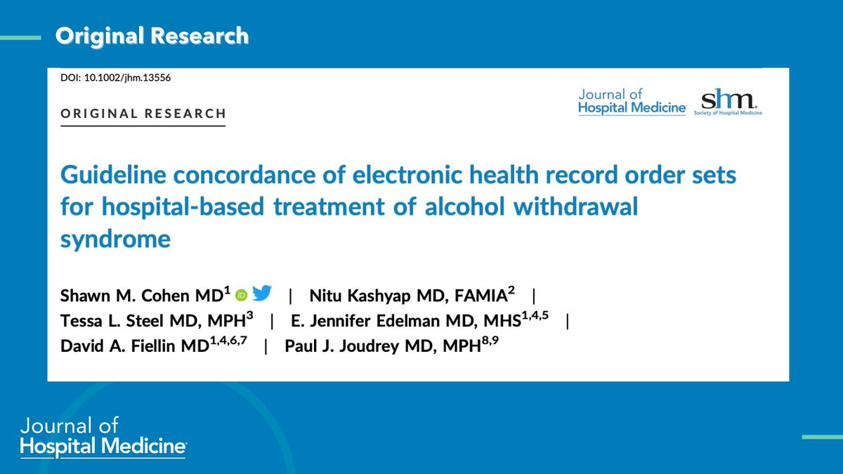 Journal of Hospital Medicine (@jhospmedicine) on Twitter photo The treatment of Alcohol Withdrawal Syndrome (AWS) varies from hospital to hospital. This original research paper looks at the different order sets addressing AWS when using specific protocols in the EHR. #AddictionMed
🔗: doi.org/10.1002/jhm.13…
✍️: <a href="/ShawnCohen_MD/">Shawn Cohen</a>, <a href="/YaleADM/">Yale Program in Addiction Medicine</a> The treatment of Alcohol Withdrawal Syndrome (AWS) varies from hospital to hospital. This original research paper looks at the different order sets addressing AWS when using specific protocols in the EHR. #AddictionMed
🔗: doi.org/10.1002/jhm.13…
✍️: <a href="/ShawnCohen_MD/">Shawn Cohen</a>, <a href="/YaleADM/">Yale Program in Addiction Medicine</a>