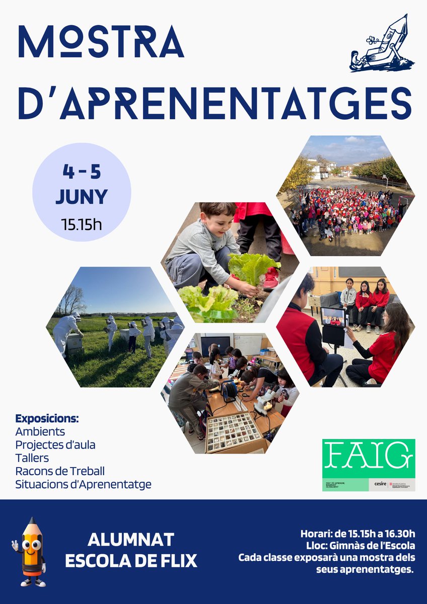 EscolaFlix's tweet image. Dimecres i dijous realitzarem una Mostra d’aprenentatges per tota la Comunitat Educativa. L’alumnat serà el protagonista d’exposar projectes, tallers, ambients, situacions d’aprenentatge… 
Sereu benvingudes i benvinguts! 
#ProgramaFAIG @cesirecat @educaciocat