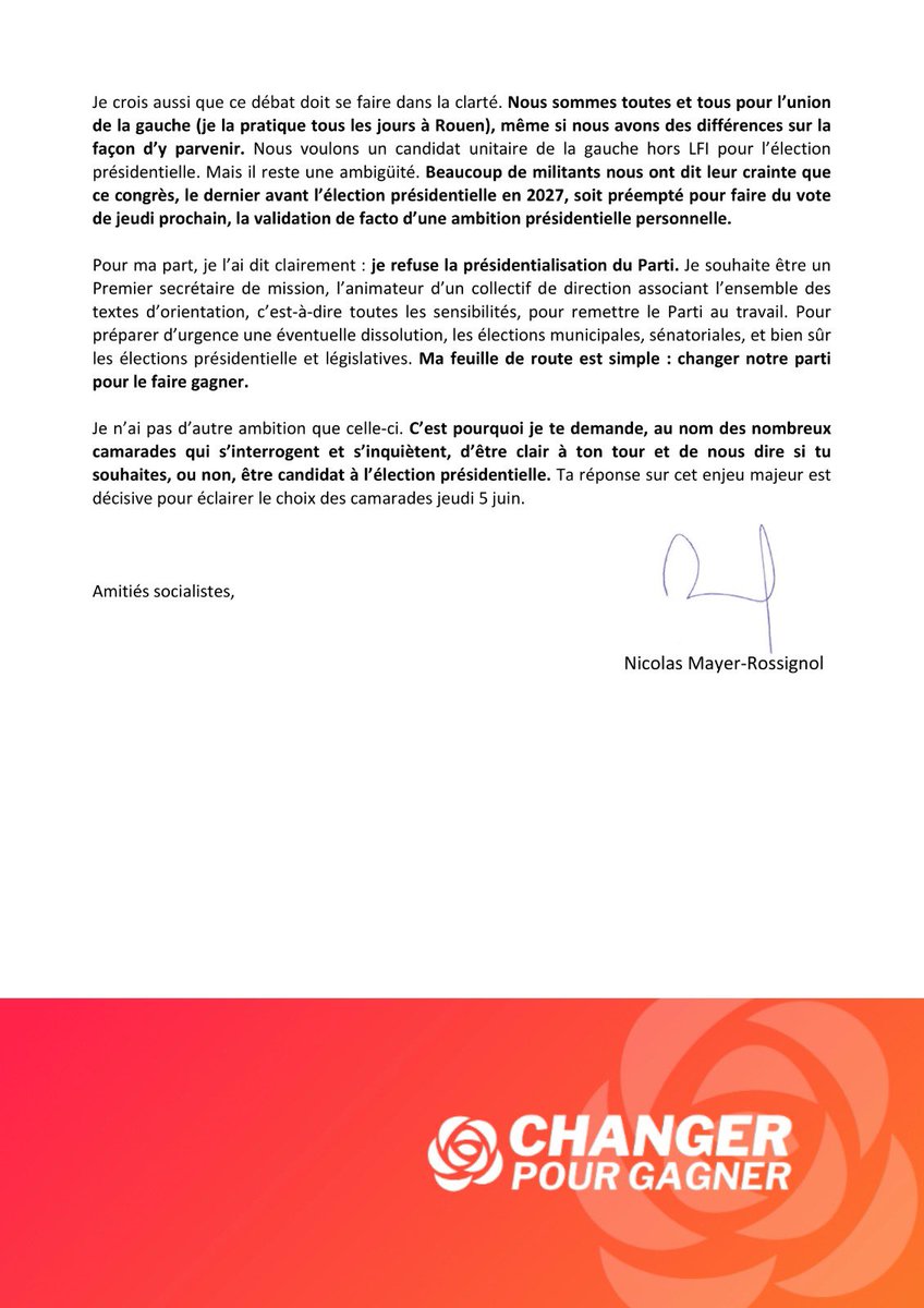 Nicolas Mayer-Rossignol (@nicolasmayernmr) on Twitter photo Cher <a href="/faureolivier/">Olivier Faure</a>, avec <a href="/BorisVallaud/">Boris VALLAUD</a> nous t'avons proposé un débat que tu as esquivé. Je te le propose à nouveau. N'ayons jamais peur du débat au <a href="/partisocialiste/">Parti socialiste</a>. Et soyons clairs : veux-tu, oui ou non, être candidat à la présidentielle ? Les camarades ont le droit de savoir. Cher <a href="/faureolivier/">Olivier Faure</a>, avec <a href="/BorisVallaud/">Boris VALLAUD</a> nous t'avons proposé un débat que tu as esquivé. Je te le propose à nouveau. N'ayons jamais peur du débat au <a href="/partisocialiste/">Parti socialiste</a>. Et soyons clairs : veux-tu, oui ou non, être candidat à la présidentielle ? Les camarades ont le droit de savoir.