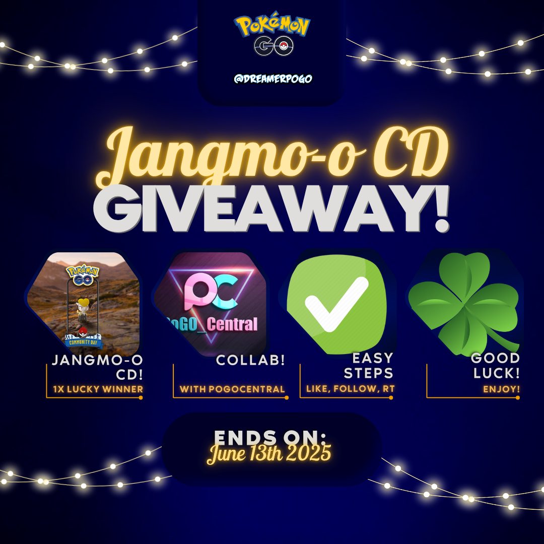 PogoDreamer's tweet image. Collab Giveaway! Let’s start with Jangmo-o 🥳

All you have to do are these steps below 👇 

✅Follow me and @pogo_central 
✅Like this post
✅Retweet this post (Extra Entry!)

This giveaway will ends on June 13th

Good luck everyone! 🙌

#PokemonGO | #PokemonGOApp