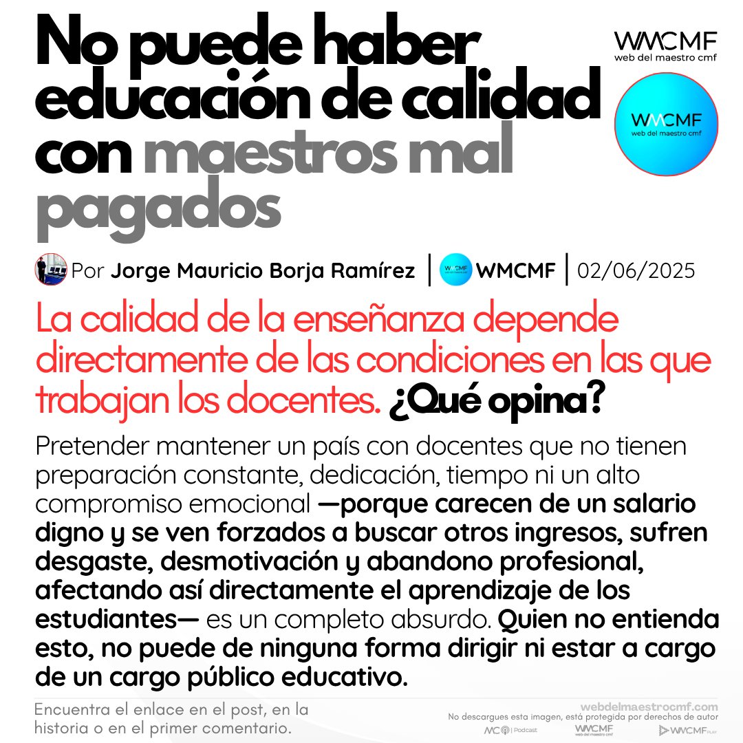 cmf_w's tweet photo. No puede haber educación de calidad con maestros mal pagados. Enlace: https://t.co/8hRfCGsVGd

Pretender sostener un país con maestros mal pagados, desmotivados y sin condiciones para ejercer su labor con calidad es un absurdo; quien no comprenda esto, no debería ocupar ningún cargo público.

👉 Esta imagen está protegida y no puede descargarse ni publicarse en otros perfiles. 📌✨ Para difundirla, usa el botón de compartir y así respetamos su difusión original. ¡Gracias por tu apoyo! 💙😊👈 

🔹🔹🔹

📌 1. SÍGUENOS EN NUESTROS GRUPOS SOCIALES
📘 Facebook Web del Maestro CMF: https://t.co/tgHmQLlWvm
📘 Facebook WMCMF Play: https://t.co/Q0ezeI8zVy
📘 Facebook Maestros de Corazón Podcast Educativos: https://t.co/vHBKIdOupJ
💼 Grupo de profesionales en LinkedIn: https://t.co/5hLQXKszHg

📌 2. ÚNETE A NUESTROS CANALES
📢 Facebook (Canal ilimitado): https://t.co/fUTZCCQTmb
📢 WhatsApp (Canal oficial): https://t.co/gL0JARokwI
📢 Telegram (Cupo ilimitado): https://t.co/nqblXTp2FI

📌 3. SÍGUENOS EN NUESTRAS REDES SOCIALES
📘 Facebook Web del Maestro CMF: https://t.co/TrSQA58HfM
📘 Facebook Maestros de Corazón Podcast Educativos: https://t.co/bq7m9No2kx
📘 Facebook WMCMF Play: https://t.co/iC67su7YVg
🐦 Twitter: https://t.co/fXs8DmvuRH
💼 LinkedIn: https://t.co/81WOqo1RG3
📸 Instagram: https://t.co/0SN3ZGH3Go
🌀 Threads: https://t.co/Muj12nwjLy
🎵 TikTok: https://t.co/rW1cPzhUko

📌 4. ESTAS SON NUESTRAS PÁGINAS WEB
🌐 Web del Maestro CMF (Artículos, entrevistas y recursos): https://t.co/XnQ4b340vL
🌐 Maestros de Corazón | Podcast educativos: https://t.co/chTB0v6bXp
🌐 WMCMF Play | Videos educativos: https://t.co/R9RkumTbV5

📌 5. ¡CÓNÉCTATE CON NOSOTROS EN LINKEDIN!
🔗 Página oficial: https://t.co/dx1s8ZCB21
🔗 Grupo de profesionales en LinkedIn: https://t.co/5hLQXKszHg

📌 6. DESCARGA NUESTRA APLICACIÓN MÓVIL PARA DOCENTES
📥 APP: https://t.co/5vxoYruEUX

📌 7. TE INVITAMOS A SEGUIR A: Jorge Mauricio
🌐 Facebook: https://t.co/MdGF3K5eWp
🌐 LinkedIn: https://t.co/mR6jaOtDah