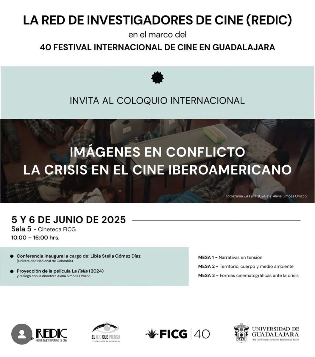 artegiosdist's tweet photo. #Jalisco
En el marco del @FICGoficial, se llevará a cabo un coloquio internacional por parte de la Red de Investigadores de Cine (#REDIC).
El jueves 5 de junio, a las 14:00, se proyectará el documental #LaFalla, de Alana Simões.
Sala 5 de la @CinetecaFicg. https://t.co/41ysS8ZUo3
