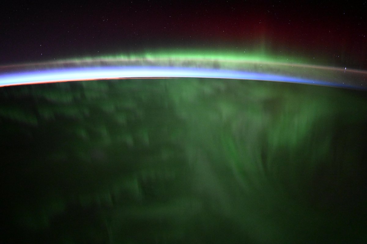 Astro_Ayers's tweet image. The Sun has been pretty active over the last week, which means some phenomenal auroras! The geomagnetic storm that lasted through this weekend did not disappoint. Our current orbit takes us right by the Southern Lights at night. Here are a few of my favorites!
