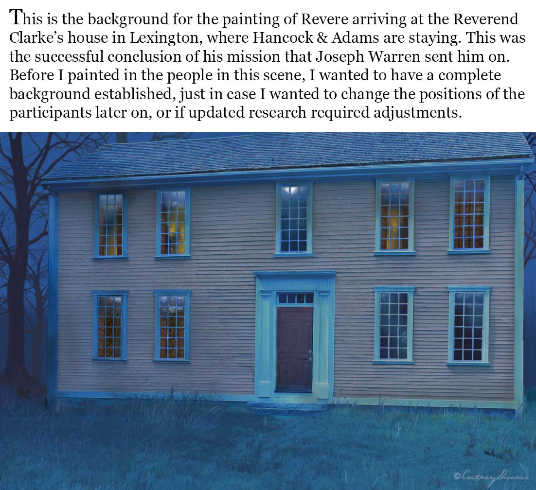 This is the background painting for the Clarke House. You can see the moon reflected in the upper windows. The moon’s position was calculated for this exact location in Lexington, &amp; for this exact time and date. Even the length of the shadows cast by the figures will be accurate.