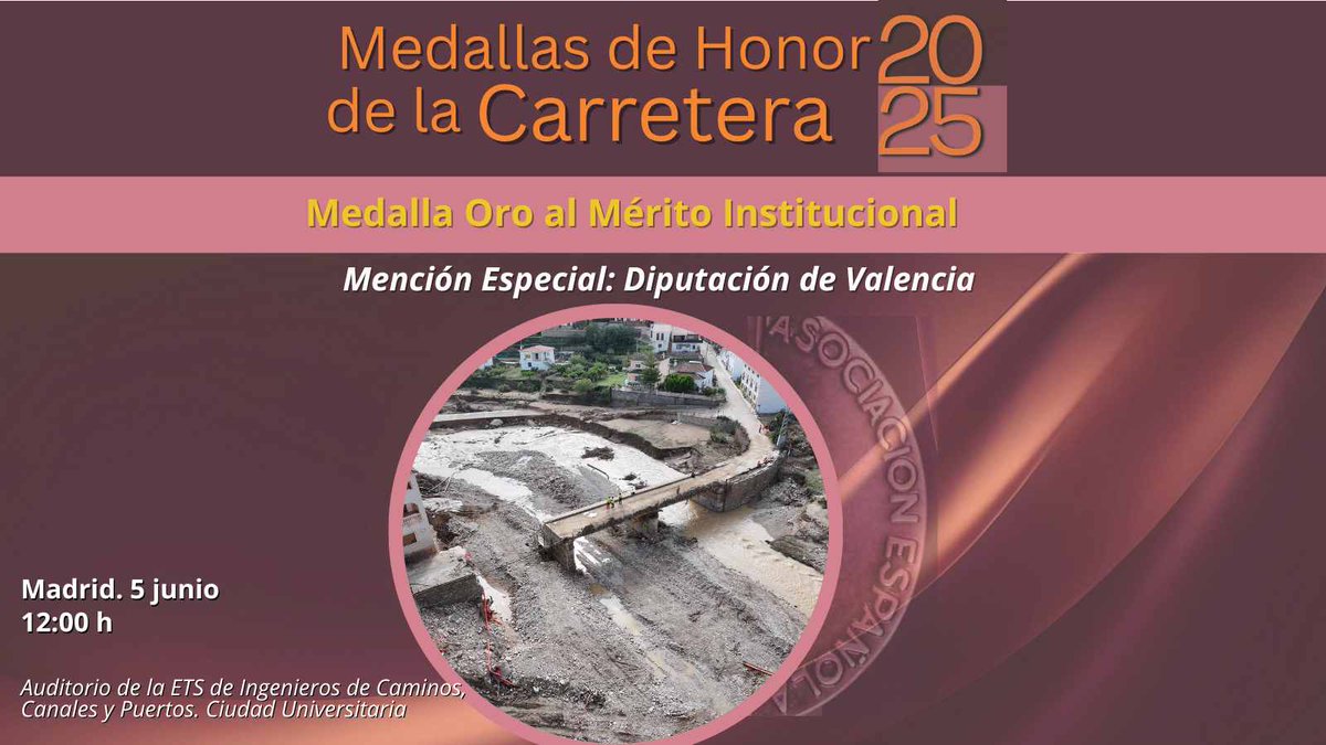 @aecarretera (@aecarretera) on Twitter photo 🏅 Y en el marco de la Medalla de Oro de la Carretera al Mérito Institucional, la <a href="/aecarretera/">@aecarretera</a> ha otorgado una Mención Especial a <a href="/dipvalencia/">Diputació de València</a>,en reconocimiento a una extraordinaria actuación de reconstrucción viaria tras la devastación de la Dana el pasado octubre
#MedallasAEC 🏅 Y en el marco de la Medalla de Oro de la Carretera al Mérito Institucional, la <a href="/aecarretera/">@aecarretera</a> ha otorgado una Mención Especial a <a href="/dipvalencia/">Diputació de València</a>,en reconocimiento a una extraordinaria actuación de reconstrucción viaria tras la devastación de la Dana el pasado octubre
#MedallasAEC