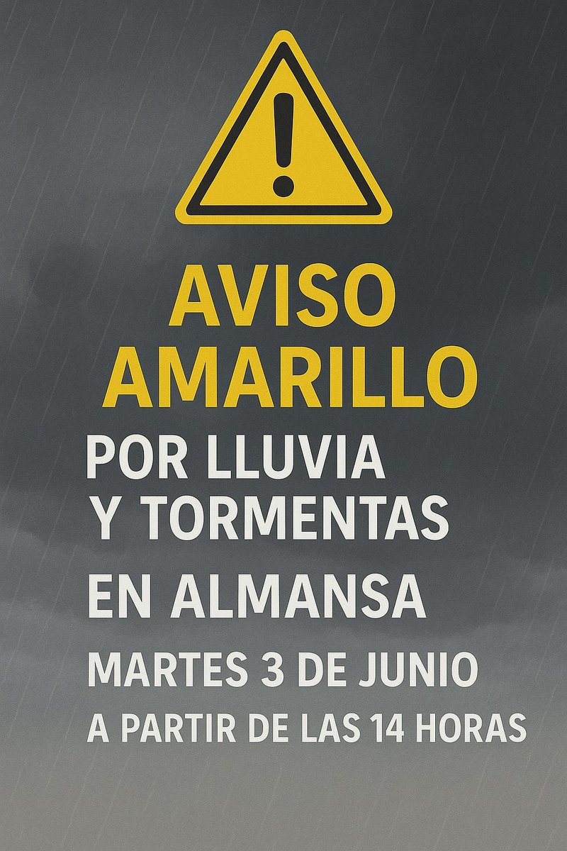 ⚠️🌧️ AEMET activa aviso AMARILLO por TORMENTAS ⚠️🌩️

📅 Martes 3 junio
🕑 A partir de las 14:00h
🌧️ Lluvia y tormentas eléctricas.

🔔 ¡Extrema precaución!
➡️ Revisa bajantes y desagües
➡️ Evita zonas inundables
➡️ No te resguardes bajo árboles
➡️ Sigue fuentes oficiales
