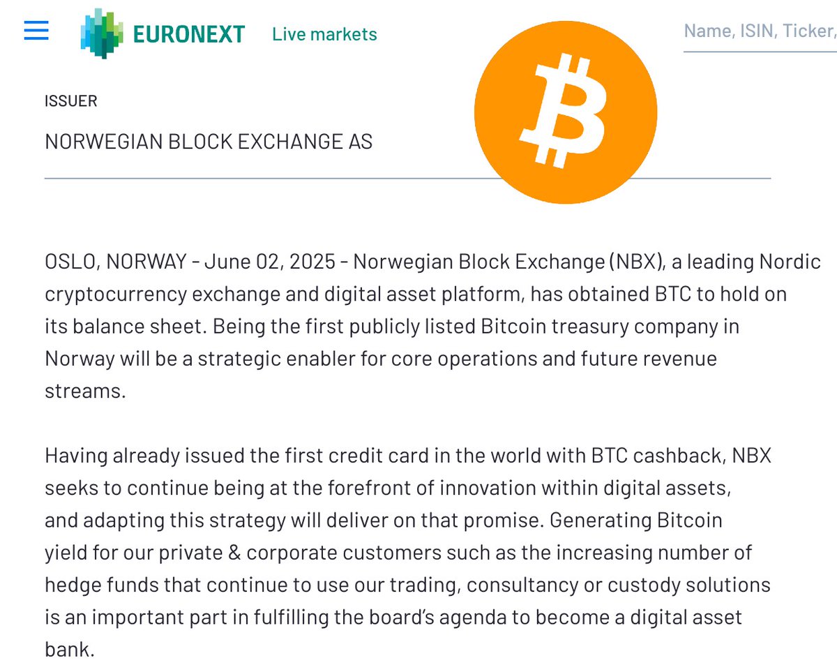 JUST IN: 🇳🇴 Norwegian Block Exchange becomes the first publicly traded #Bitcoin treasury company in the country 🙌