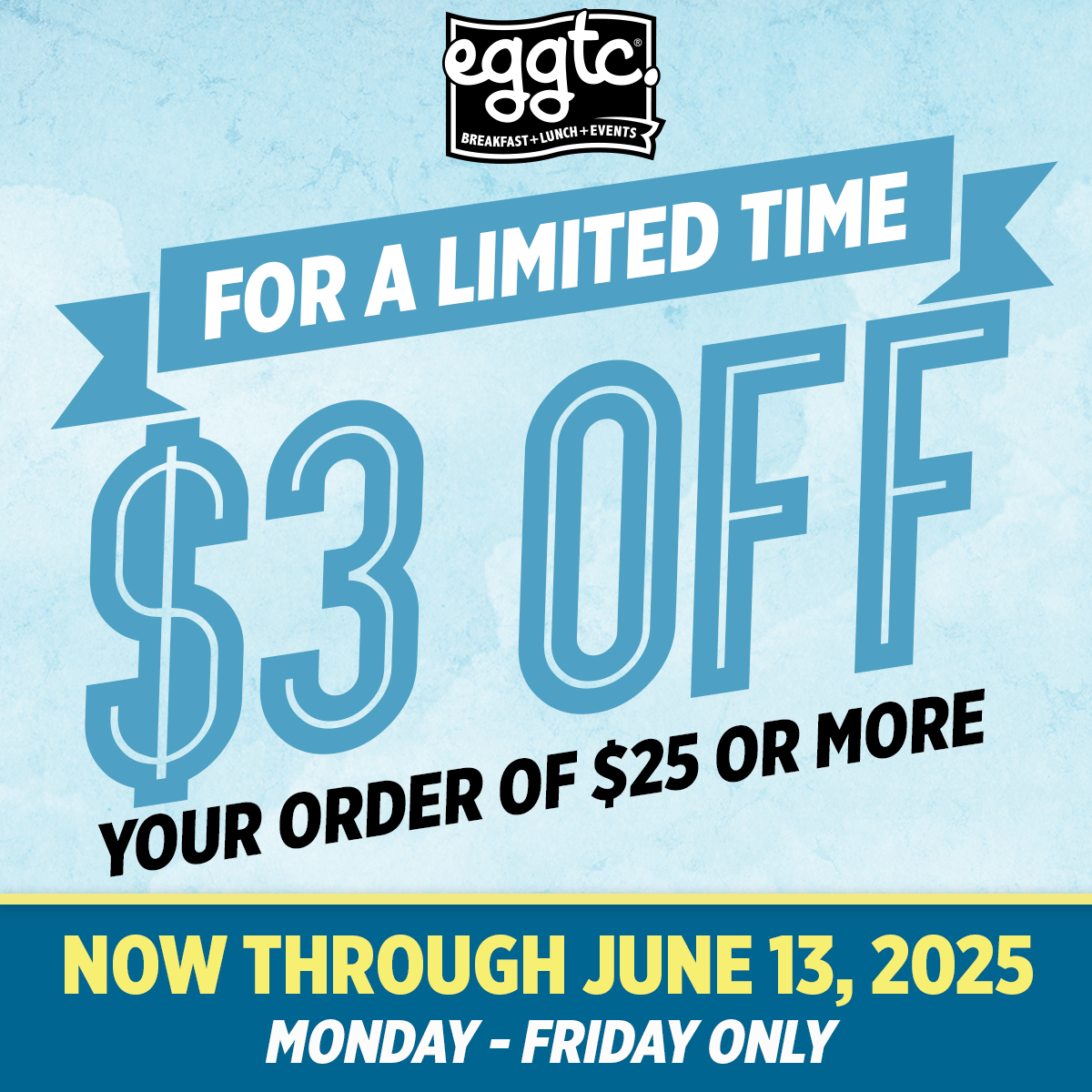 Every Monday-Friday, now through June 13th enjoy $3 Off $25 at eggtc.! Save on your faves for Breakfast, Brunch or Lunch! Dine-in or order online at eggtckc.com/enjoy-3-off-25…… and use the code '3Bucks'   

#eggtc #eatlocalkc #kcbreakfast #kclunch