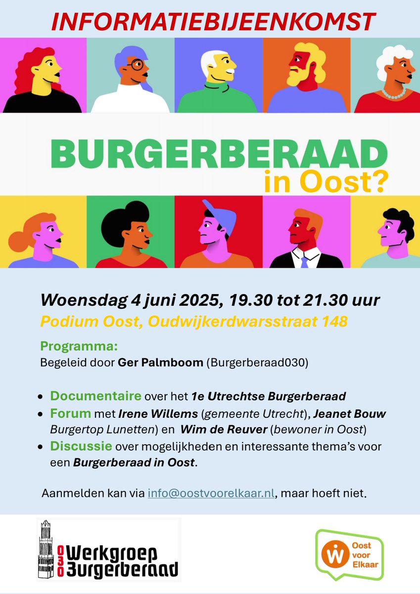 Op woensdagavond 4 juni 2025 van 19.30 tot 21.30 uur vindt in Podium Oost een informatiebijeenkomst over 'Burgerberaad in Oost?' plaats.   

Voor meer informatie en programma: oostvoorelkaar.nl/activiteit/878…

Aanmelden kan via info@oostvoorelkaar.nl, maar hoeft niet.