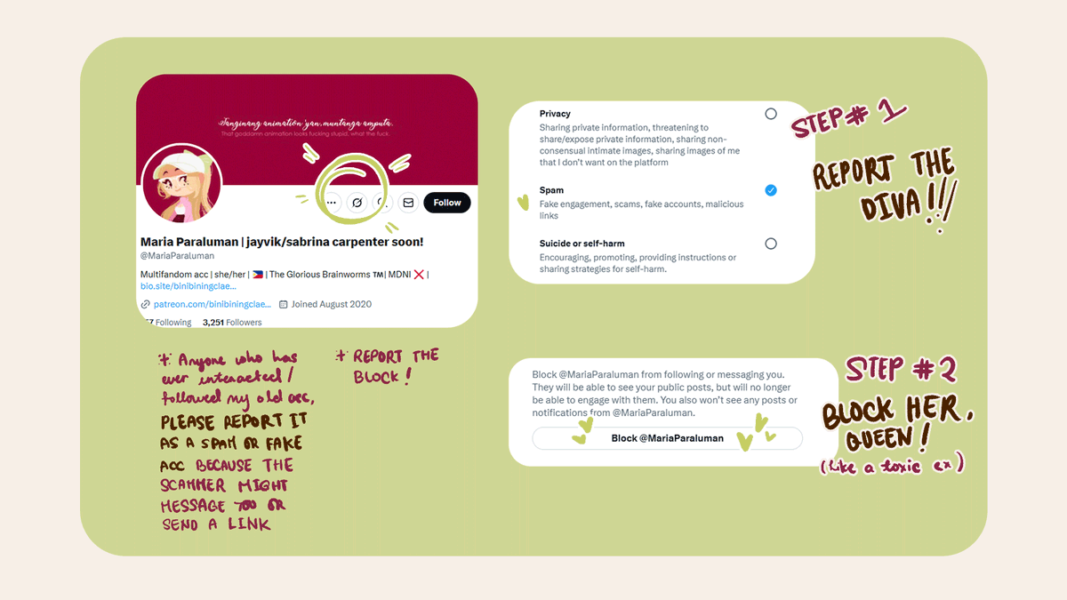 MariaClaespi's tweet image. 📣 BEWARE! 📣
‼️New hack/scam on artists with/out large following. ‼️
I'm Maria! You might know me for my jayvik animations and just want to put out a PSA.
If you have int/follow my old acc, PLEASE MASS REPORT @/MariaParaluman AS A SPAM BECAUSE YOU COULD BE THE NEXT VICTIM.
