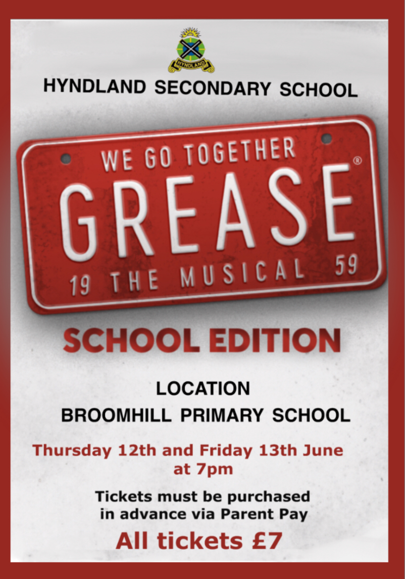 We are delighted to announce details of our school show! Thurs 12 and Fri 13 June 7pm held in Broomhill PS - the show is Grease!!! Tickets available via parent pay!  On sale now!  We are very excited about this and hope you can join us!