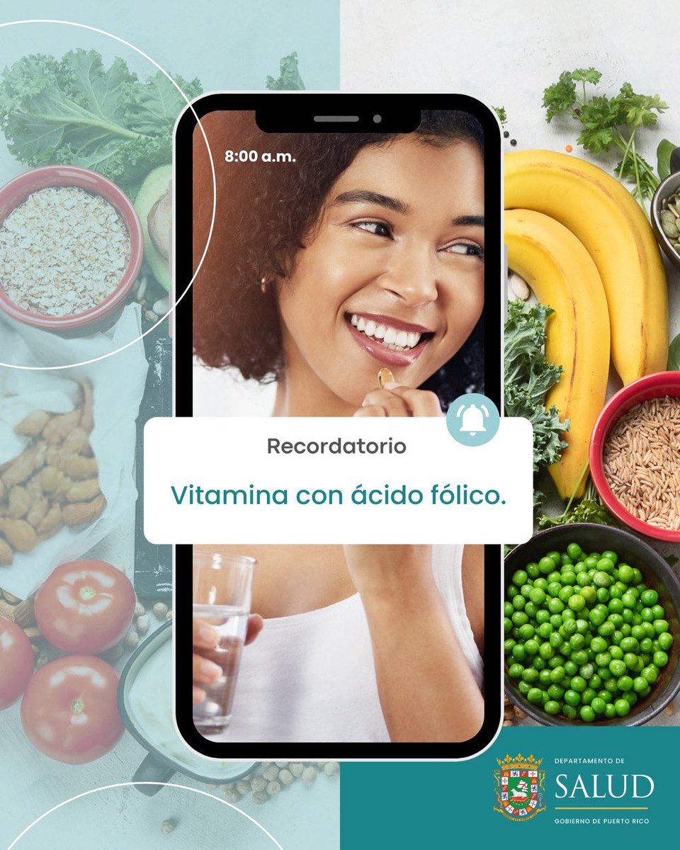 La vitamina B9 (ácido fólico) previene defectos congénitos y protege tu corazón. Toma 400 mcg diarios y consume habichuelas, lentejas, pescado, huevo y vegetales verdes. 

Más info: salud.pr.gov/acido_folico 🥦🥬🍊