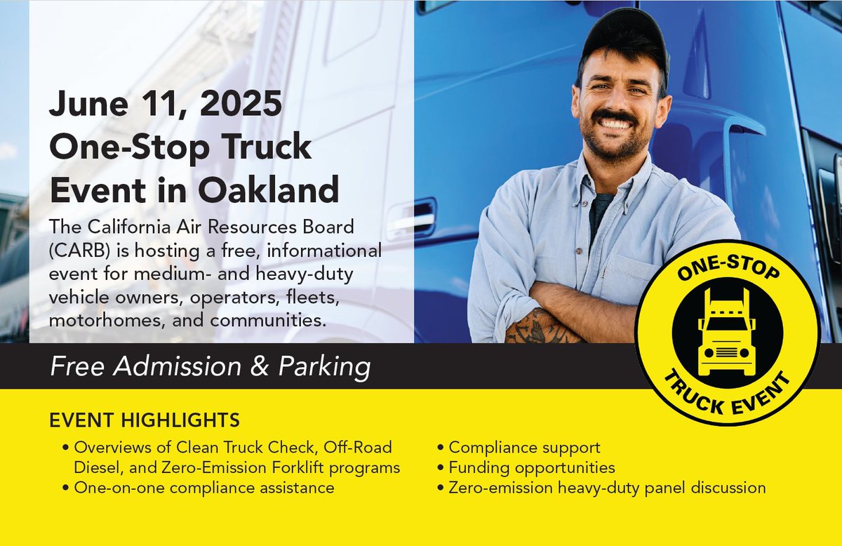 CARBTruckStop's tweet image. CARB is going on a roadshow throughout California & our next stop is in Oakland on June 11.
Register now to join CARB, local agencies, & air districts providing education & resources on clean truck & diesel regulations, compliance, funding & more. bit.ly/OneStopTruckEv…