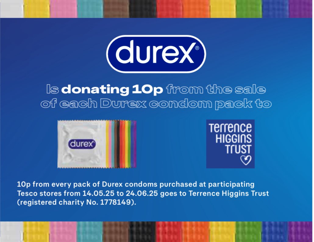 Richard Angell 🇺🇦 (@richardangell) on Twitter photo We’re proud to announce a new partnership between <a href="/THTorguk/">Terrence Higgins Trust</a> and <a href="/durex/">Durex Global</a> this Pride!
Until 24 June, for every pack of Durex condoms sold in selected <a href="/Tesco/">Tesco</a> stores, 10p will be donated to support our vital work to end new HIV cases in the UK by 2030.
Go buy condoms! We’re proud to announce a new partnership between <a href="/THTorguk/">Terrence Higgins Trust</a> and <a href="/durex/">Durex Global</a> this Pride!
Until 24 June, for every pack of Durex condoms sold in selected <a href="/Tesco/">Tesco</a> stores, 10p will be donated to support our vital work to end new HIV cases in the UK by 2030.
Go buy condoms!