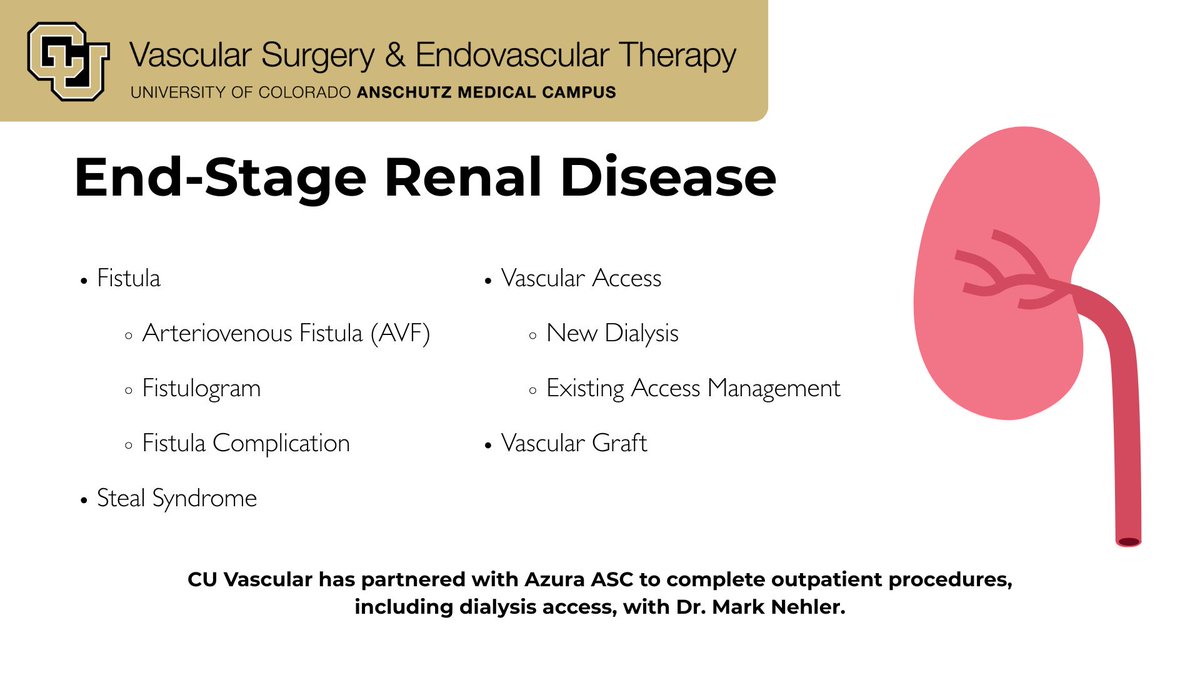 CUVascularSurg's tweet image. Managing end-stage renal disease and dialysis is a daunting task.
CU Vascular is here to help with your access management, fistula, and more.