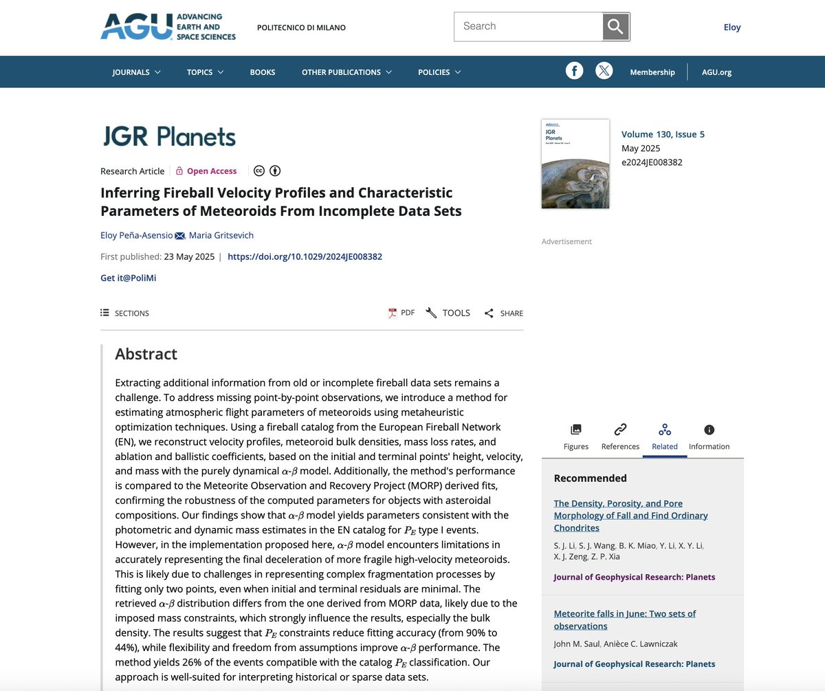 Eloy Peña-Asensio (PhD) (@eloy_peas) on Twitter photo ☄️ Excited to share our new paper in JGR: Planets <a href="/jgrplanets/">JGR-Planets</a>:
"Inferring Fireball Velocity Profiles and Characteristic Parameters of Meteoroids From Incomplete Data Sets"
by myself and <a href="/GritsevichMaria/">Maria Gritsevich</a>
▶️ doi.org/10.1029/2024JE…
#PlanetaryScience #Meteoroids #Fireballs ☄️ Excited to share our new paper in JGR: Planets <a href="/jgrplanets/">JGR-Planets</a>:
"Inferring Fireball Velocity Profiles and Characteristic Parameters of Meteoroids From Incomplete Data Sets"
by myself and <a href="/GritsevichMaria/">Maria Gritsevich</a>
▶️ doi.org/10.1029/2024JE…
#PlanetaryScience #Meteoroids #Fireballs