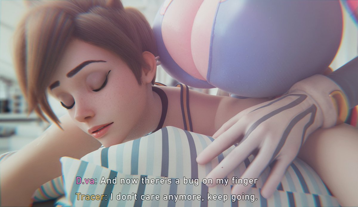 Tracer just doesn’t care anymore, whether the shrunken human who looks like a bug is on Dva's finger or not, she’s way too into her massages to mind #SizeTwitter #Giantess #Overwatch