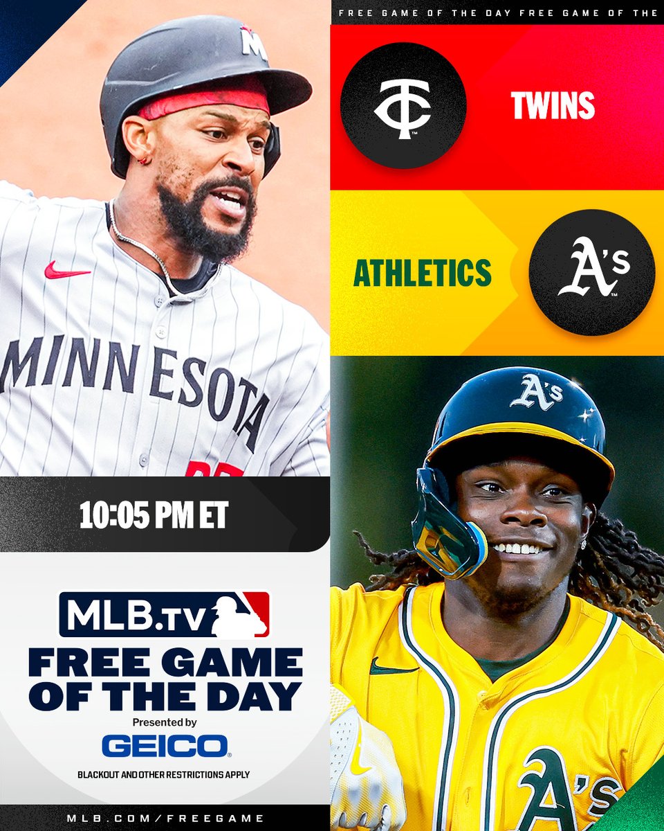 Byron Buxton and the <a href="/Twins/">Minnesota Twins</a> take on Lawrence Butler and the <a href="/Athletics/">Athletics</a> tonight.

Watch for FREE at 10:05 PM ET on #MLBTV

(MLB x GEICO)