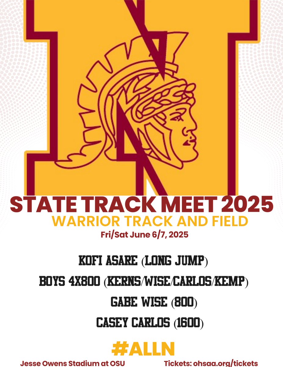 North Warriors AD (@northwarriorsad) on Twitter photo Best of luck to our <a href="/wnhs_track/">WNHS TRACK & FIELD</a> Warriors at the STATE TRACK MEET this weekend at Ohio State!!!
#ALLN 💪 Best of luck to our <a href="/wnhs_track/">WNHS TRACK & FIELD</a> Warriors at the STATE TRACK MEET this weekend at Ohio State!!!
#ALLN 💪