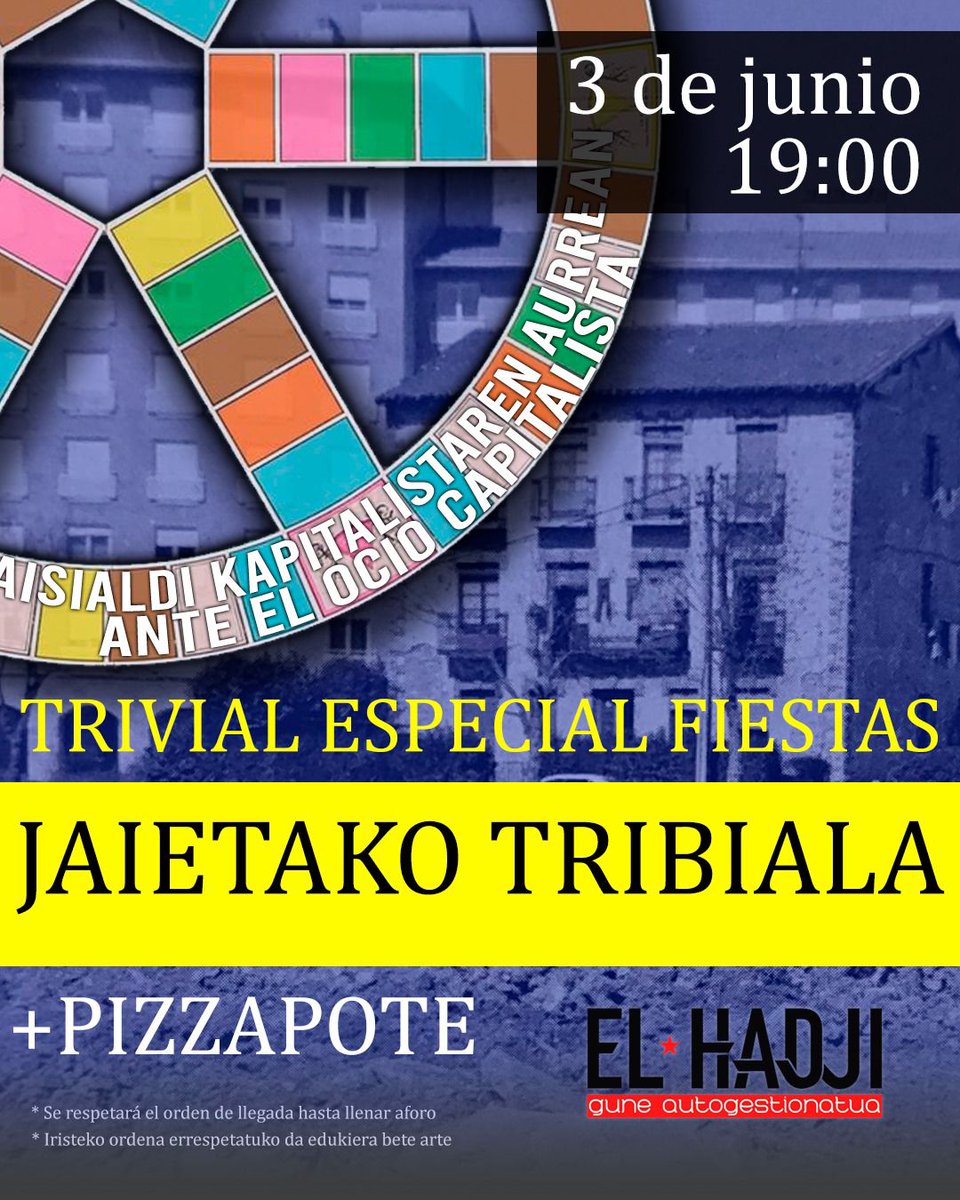 Aisialdi kapitalistaren aurrean... Jaietako tribial berezia!

Ekainaren 3an, 19 :00etan,  jaiei buruzko tribiala egingo dugu, jaiei eta auzoari buruzko ezagutzak pobran jarriz 🧠 Ez zaitez berandu iritsi! Zure zain egongo gara! 🍻🍕🎊