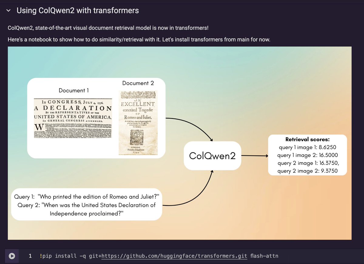 merve (@mervenoyann) on Twitter photo ColQwen2 just landed to <a href="/huggingface/">Hugging Face</a> transformers main 😍
use state-of-the-art visual document retrieval model ColQwen2 for your PDF retrieval or RAG pipelines 🎉
link to notebook and model on the next one ⤵️ ColQwen2 just landed to <a href="/huggingface/">Hugging Face</a> transformers main 😍
use state-of-the-art visual document retrieval model ColQwen2 for your PDF retrieval or RAG pipelines 🎉
link to notebook and model on the next one ⤵️