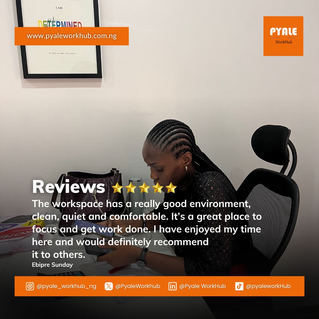 Another 5- star experience ⭐⭐⭐⭐⭐ 
We are proud of our customer satisfaction 😁
Your feedback matters! 
#PyaleWorkhub #PyaleProperties #customerService #Productivity #PortHarcourt #FlexibleOfficeSpaces