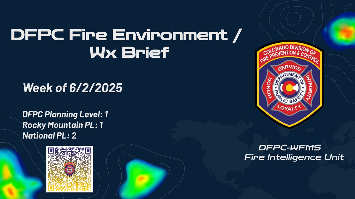 DFPC Fire Environment / Weather Brief
06/02/2025

Link to pdf of most recent brief:
bit.ly/DFPCFireEnvWxB…

Refer to the DFPC Intelligence Dashboard for in-depth fire environment and wildfire incident status tools:
bit.ly/DFPCWildfireSt…

#dfpc #dfpcfire
#FireYear2025
#cofire